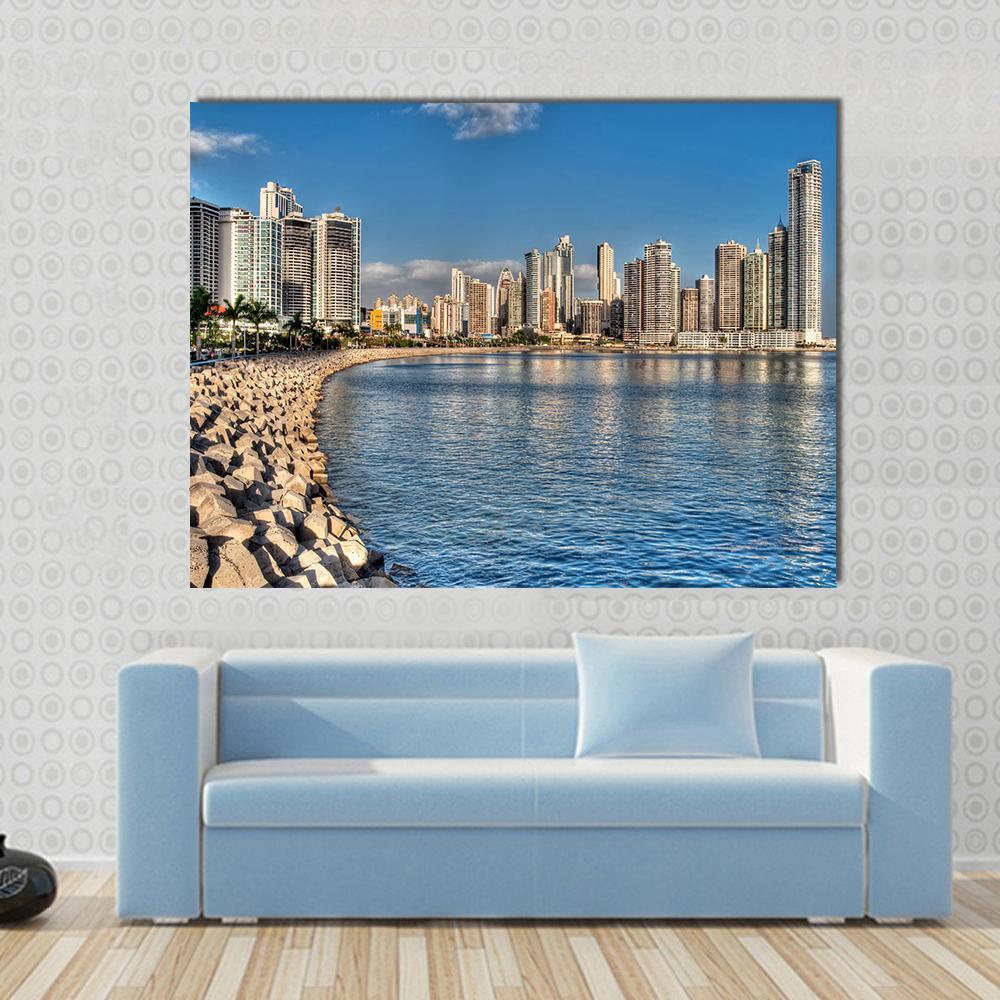 Panama City Skyline &amp; Bay Canvas Wall Art-1 Piece-Gallery Wrap-48" x 32"-Tiaracle