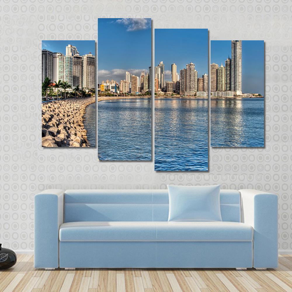 Panama City Skyline &amp; Bay Canvas Wall Art-4 Pop-Gallery Wrap-50" x 32"-Tiaracle