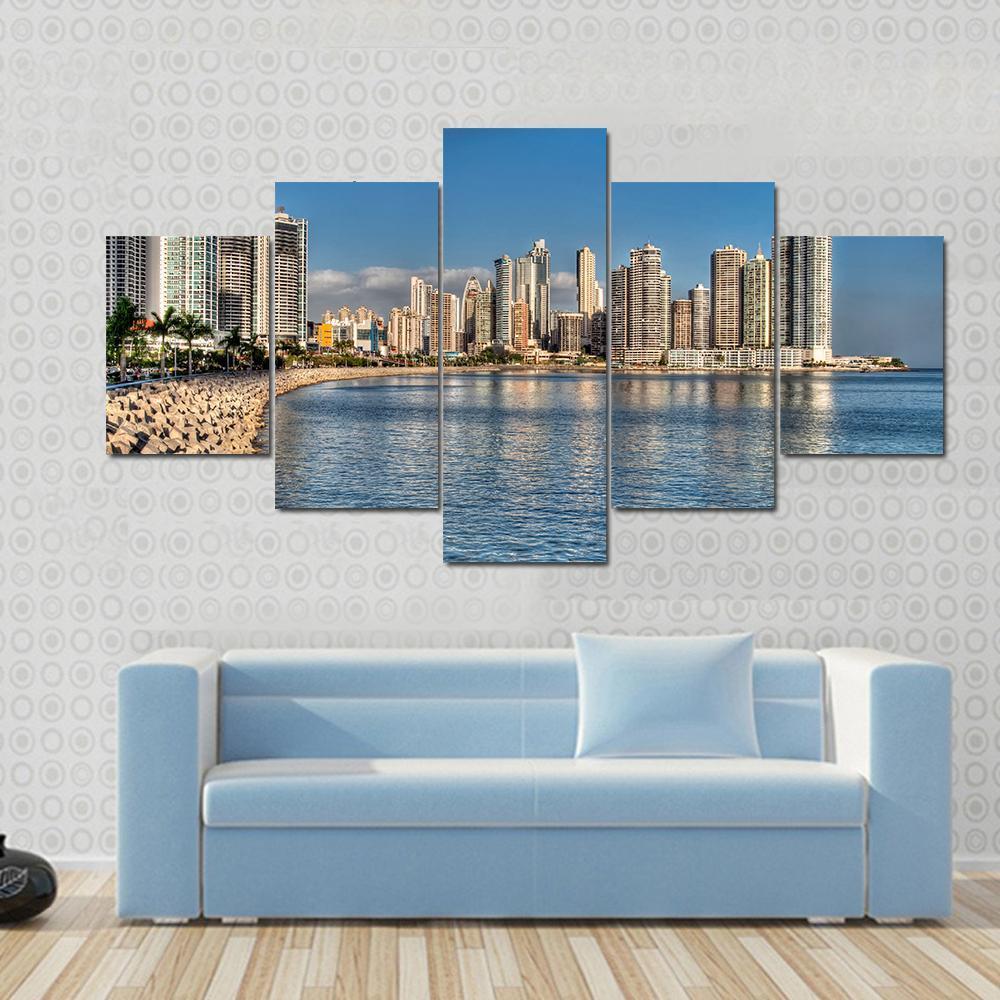 Panama City Skyline & Bay Canvas Wall Art-4 Pop-Gallery Wrap-50" x 32"-Tiaracle