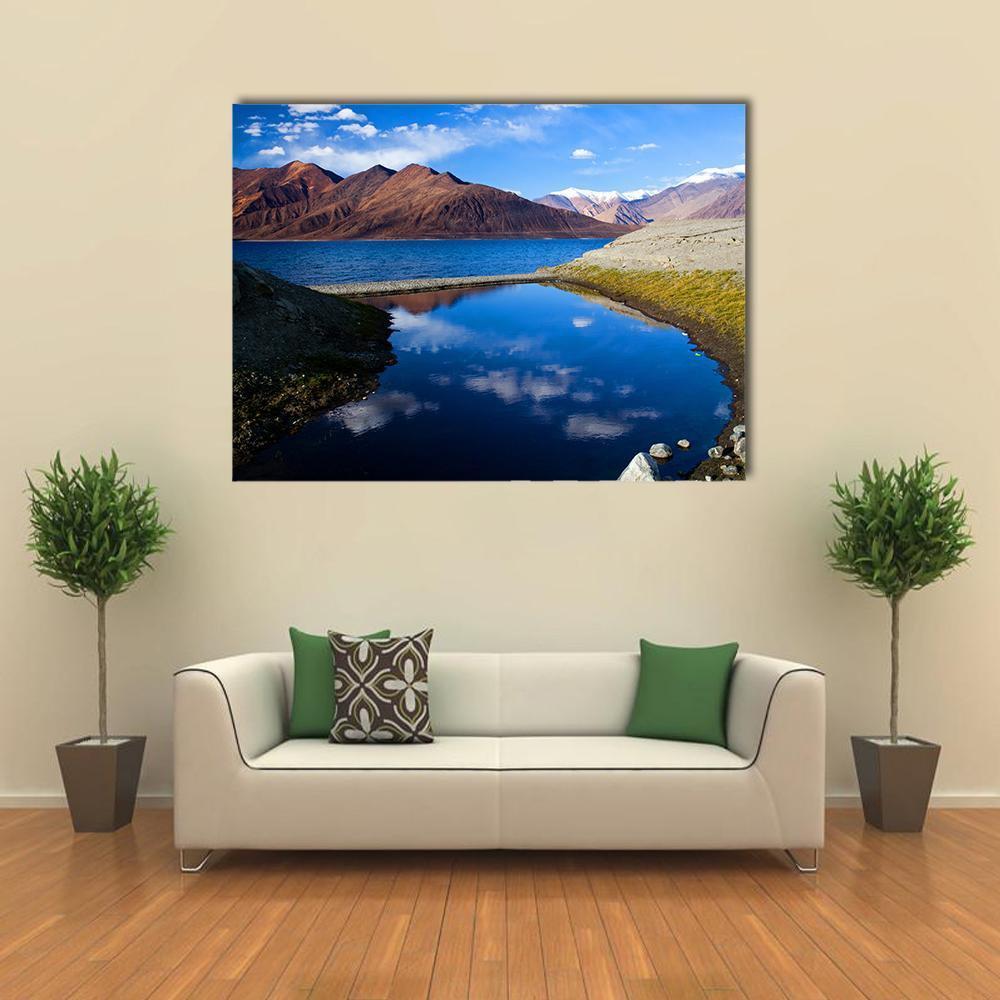 Pangong Lake with Snow-capped Peaks Canvas Wall Art in white, brown and blue, single panel hung on a wall