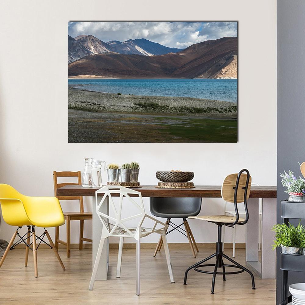 Pangong Lake Surrounded by Mountains Canvas Wall Art in gray, brown and blue, single panel hung on a wall