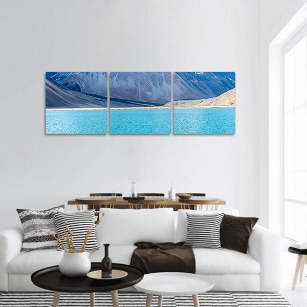 Mountain at Lake Pangong Panoramic Canvas Wall Art in beige, brown and blue, hung on a wall