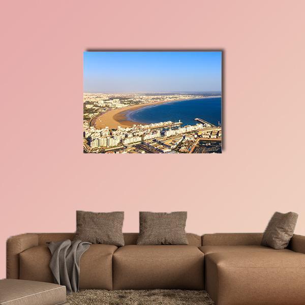 Agadir Cityscape Canvas Wall Art in white, beige and blue, single panel hung on a wall