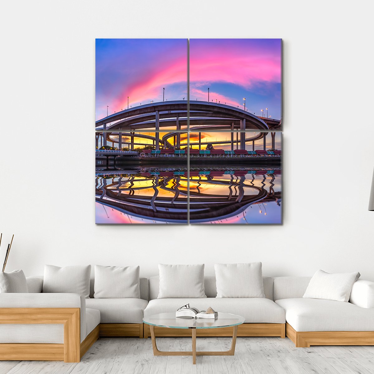 Bhumibol Bridge At Twilight Canvas Wall Art-4 Square-Gallery Wrap-17" x 17"-Tiaracle