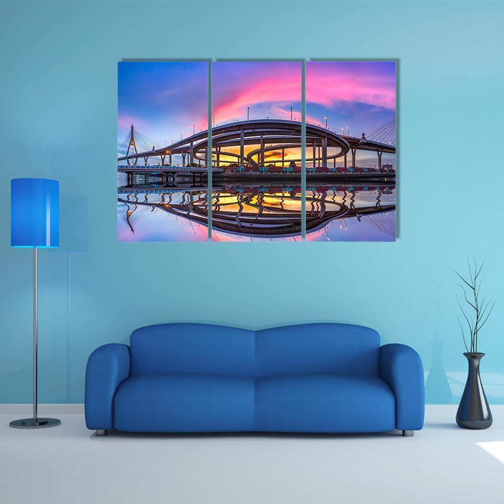 Bhumibol Bridge At Twilight Canvas Wall Art-3 Horizontal-Gallery Wrap-37" x 24"-Tiaracle