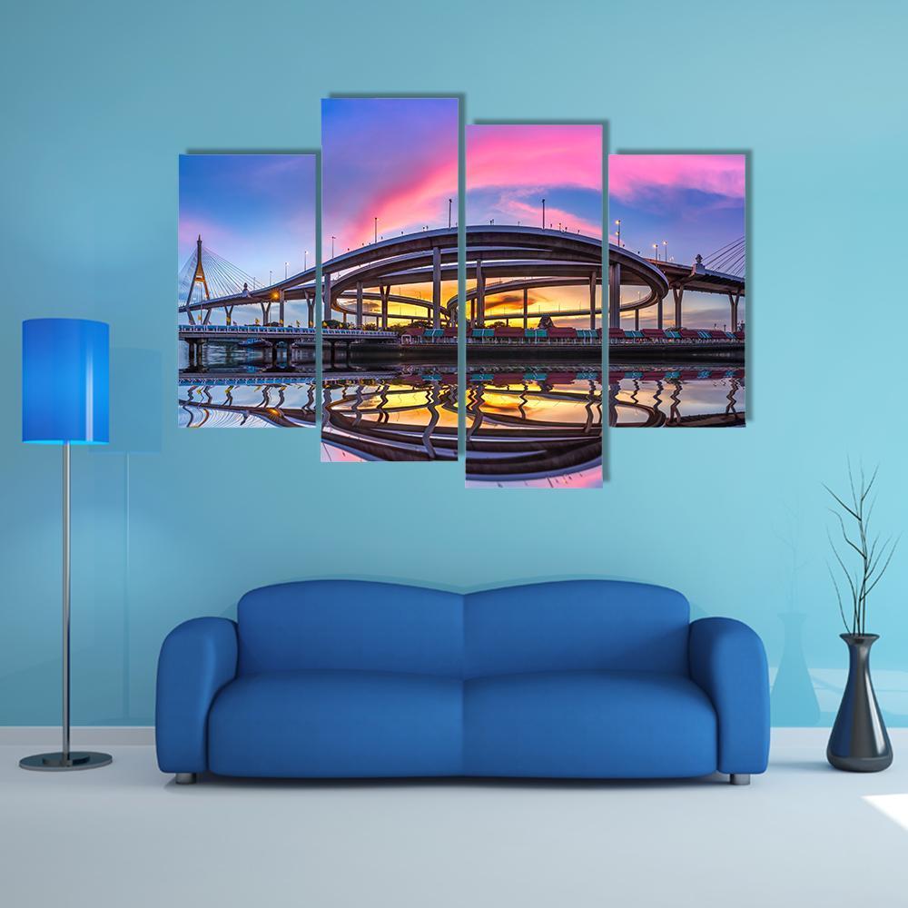 Bhumibol Bridge At Twilight Canvas Wall Art-4 Pop-Gallery Wrap-50" x 32"-Tiaracle