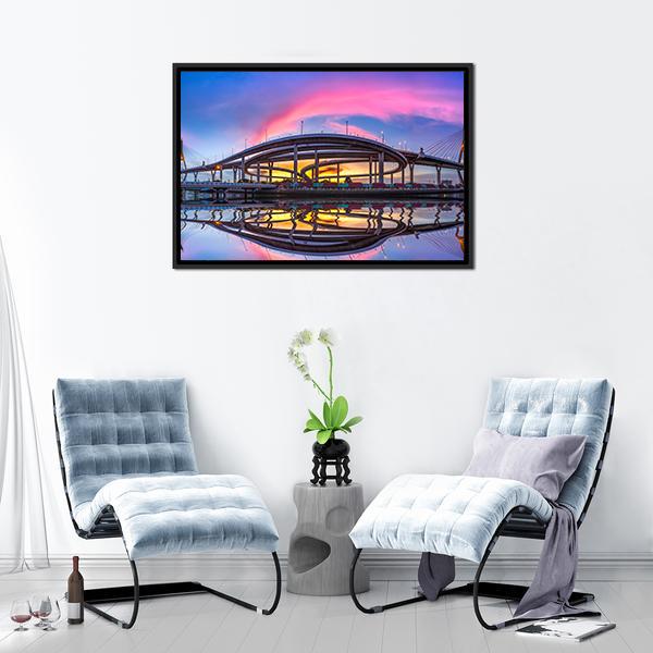 Bhumibol Bridge At Twilight Canvas Wall Art-1 Piece-Floating Frame-24" x 16"-Tiaracle