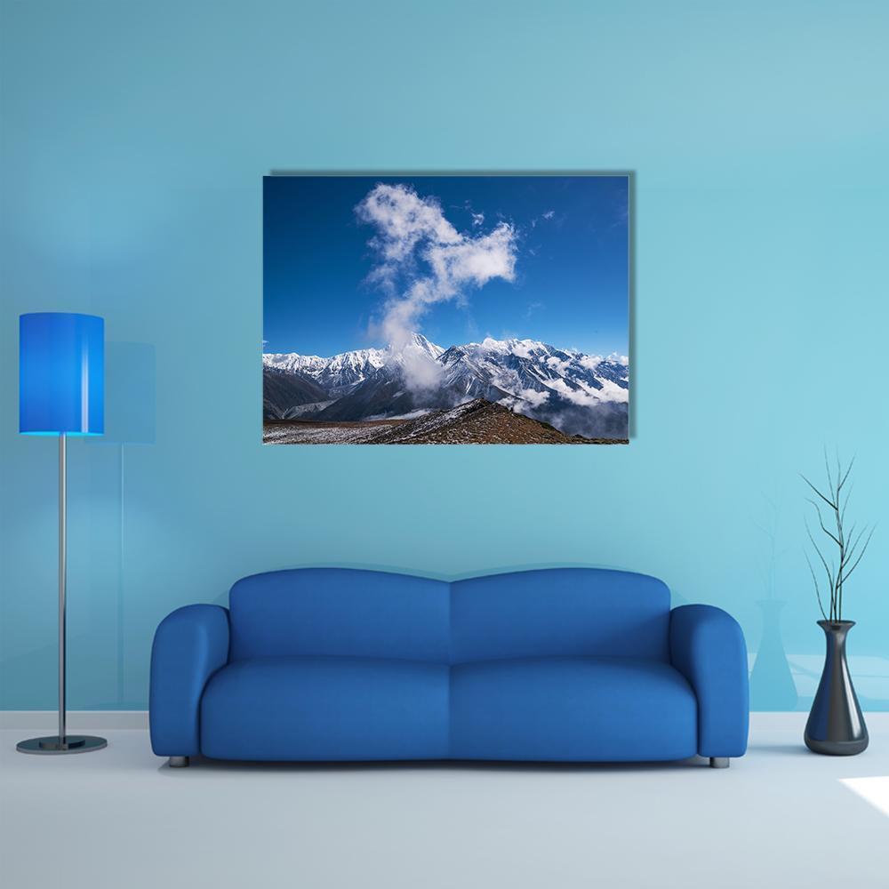 Blue Sky &amp; Snow Mountain Canvas Wall Art-1 Piece-Gallery Wrap-48" x 32"-Tiaracle