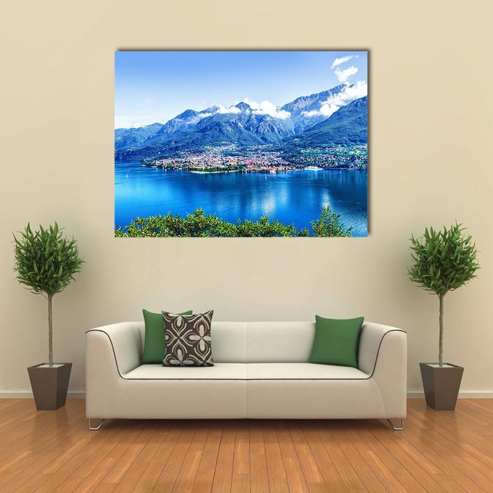 Lake Como Panorama Canvas Wall Art in white, green and blue, single panel hung on a wall