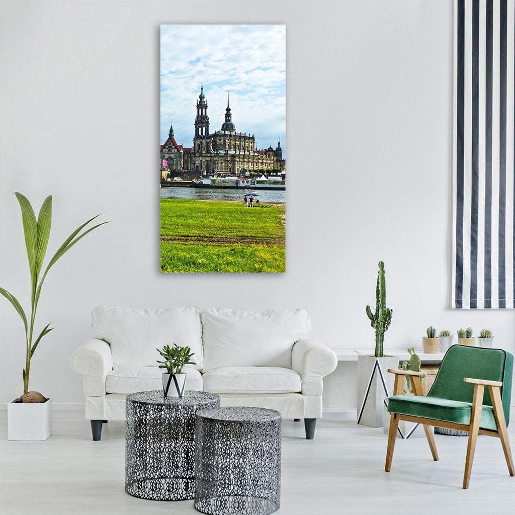 Dresden Cathedral Panorama Vertical Canvas Wall Art in gray, green and blue, single vertical panel hung on a wall