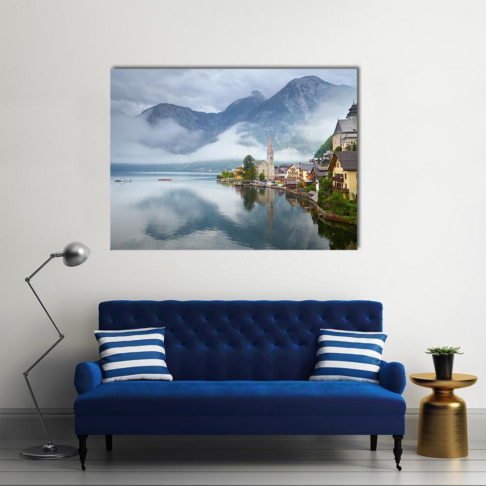 Serene Hallstatt Mountain Village Reflection Canvas Wall Art in white, gray and blue, single panel hung on a wall