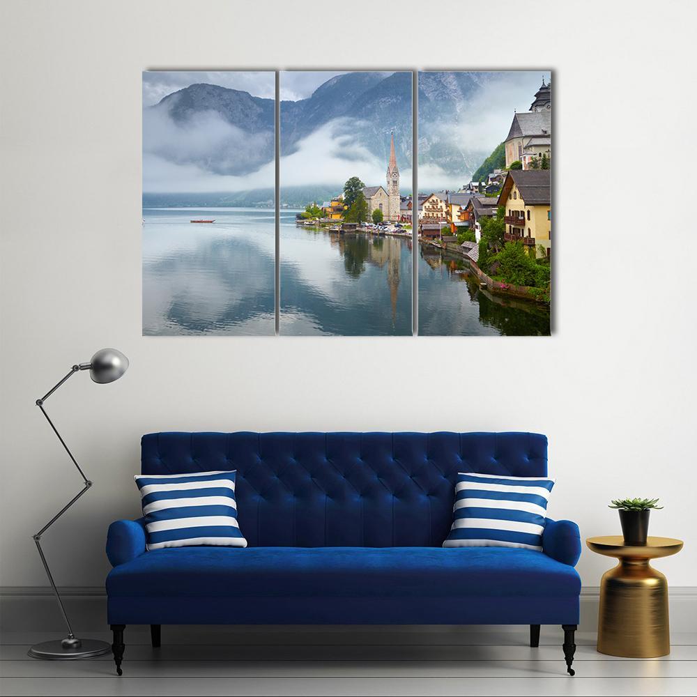 Panorama Of Hallstatt Mountain Village Canvas Wall Art-3 Horizontal-Gallery Wrap-37" x 24"-Tiaracle