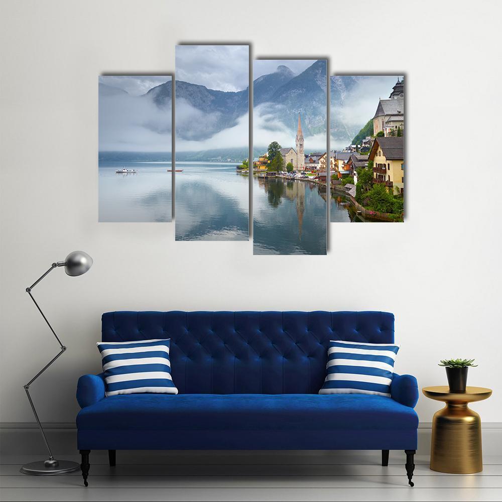 Panorama Of Hallstatt Mountain Village Canvas Wall Art-4 Pop-Gallery Wrap-50" x 32"-Tiaracle
