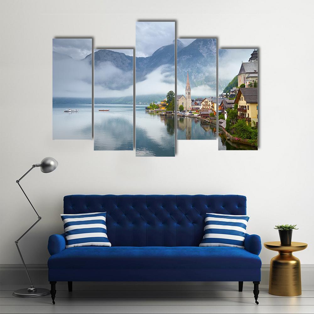 Panorama Of Hallstatt Mountain Village Canvas Wall Art-5 Pop-Gallery Wrap-47" x 32"-Tiaracle
