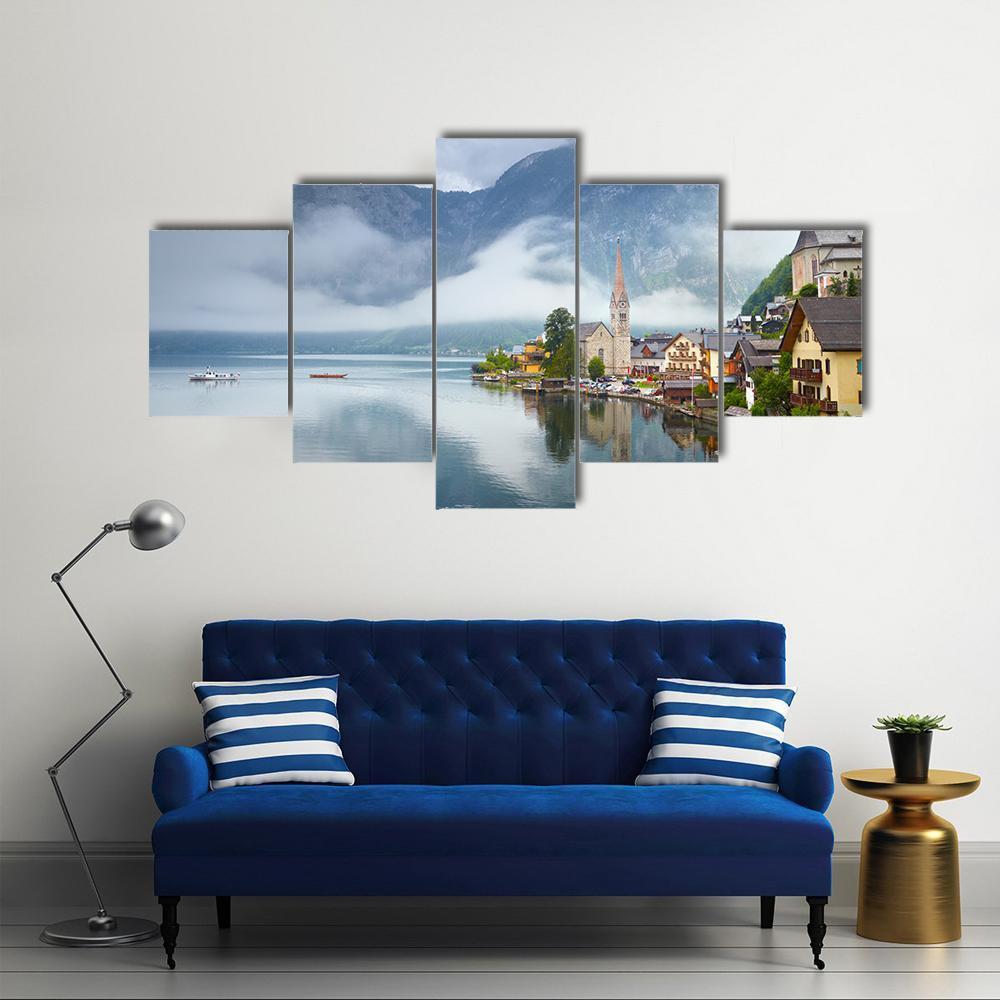 Panorama Of Hallstatt Mountain Village Canvas Wall Art-5 Star-Gallery Wrap-62" x 32"-Tiaracle