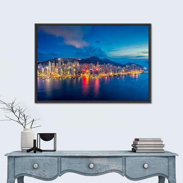 Hong Kong Skyline at Sunset Canvas Wall Art in orange, yellow and blue, framed canvas, product view on a white background