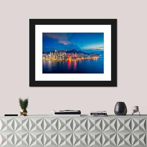 Panorama Of Hong Kong City Skyline At Sunset Canvas Wall Art-1 Piece-Framed Print-20" x 16"-Tiaracle