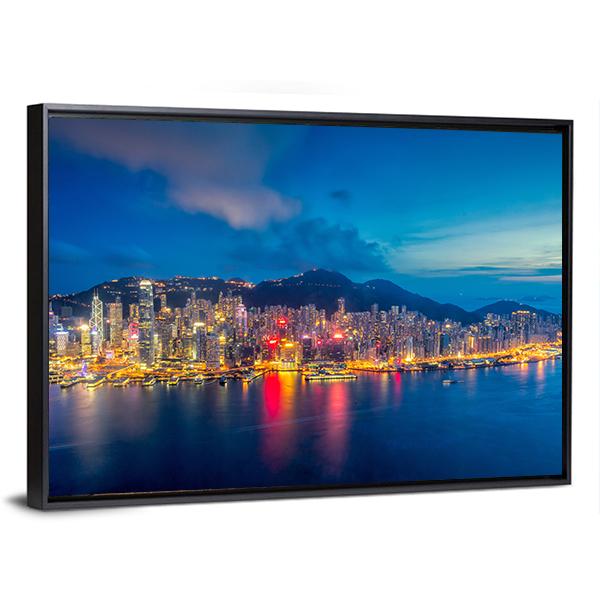 Panorama Of Hong Kong City Skyline At Sunset Canvas Wall Art-3 Horizontal-Gallery Wrap-25" x 16"-Tiaracle