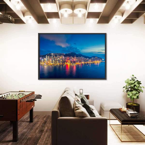 Panorama Of Hong Kong City Skyline At Sunset Canvas Wall Art-3 Horizontal-Gallery Wrap-25" x 16"-Tiaracle
