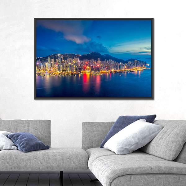 Panorama Of Hong Kong City Skyline At Sunset Canvas Wall Art-3 Horizontal-Gallery Wrap-25" x 16"-Tiaracle