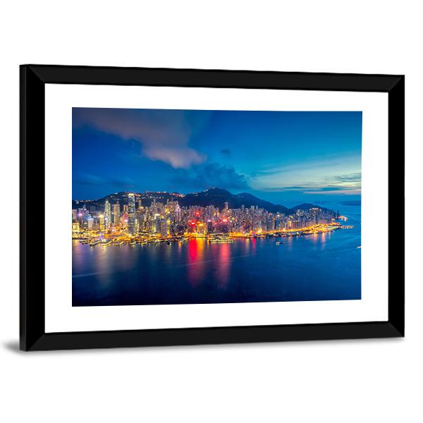 Panorama Of Hong Kong City Skyline At Sunset Canvas Wall Art-3 Horizontal-Gallery Wrap-25" x 16"-Tiaracle