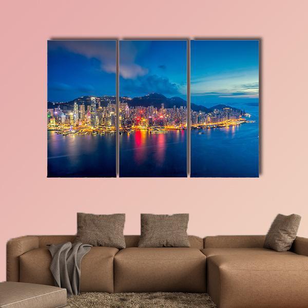Panorama Of Hong Kong City Skyline At Sunset Canvas Wall Art-3 Horizontal-Gallery Wrap-37" x 24"-Tiaracle