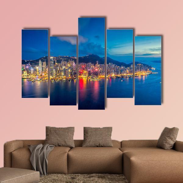 Panorama Of Hong Kong City Skyline At Sunset Canvas Wall Art-5 Pop-Gallery Wrap-47" x 32"-Tiaracle