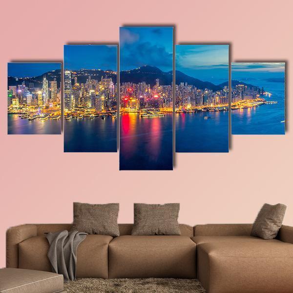 Panorama Of Hong Kong City Skyline At Sunset Canvas Wall Art-5 Star-Gallery Wrap-62" x 32"-Tiaracle