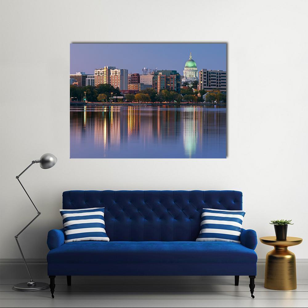 Madison Skyline at Twilight Canvas Wall Art in orange, blue and purple, single panel hung on a wall