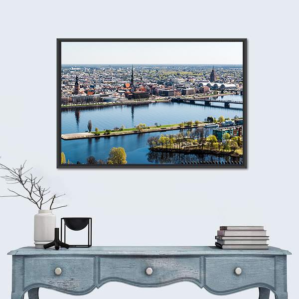 Panorama Of Riga City Latvia Canvas Wall Art-1 Piece-Floating Frame-24" x 16"-Tiaracle