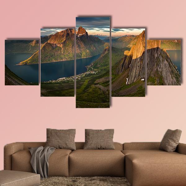 Panorama Of Segla Summit In Sunset Canvas Wall Art-5 Star-Gallery Wrap-62" x 32"-Tiaracle