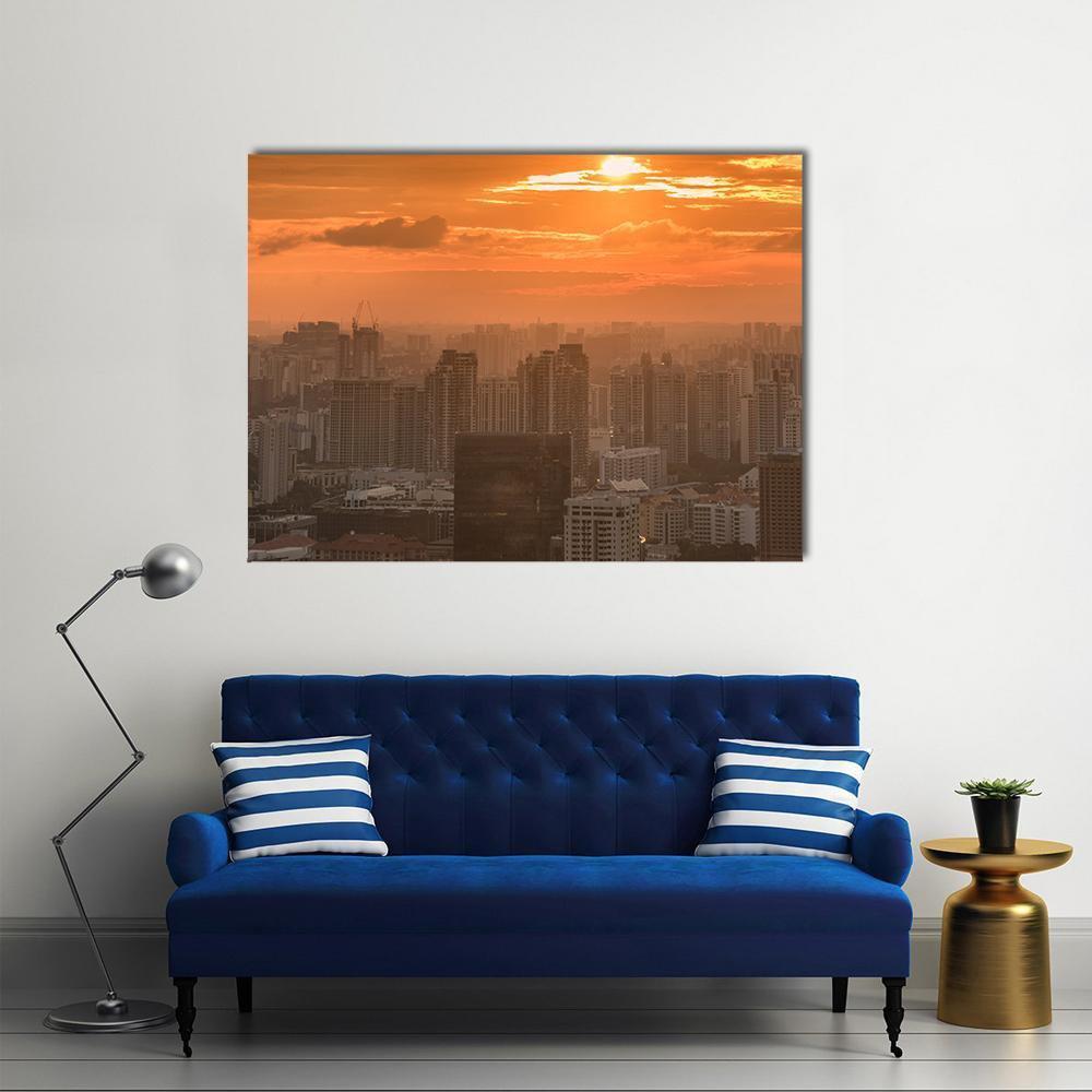 Singapore Skyline at Golden Sunset Canvas Wall Art in brown, orange and yellow, single panel hung on a wall