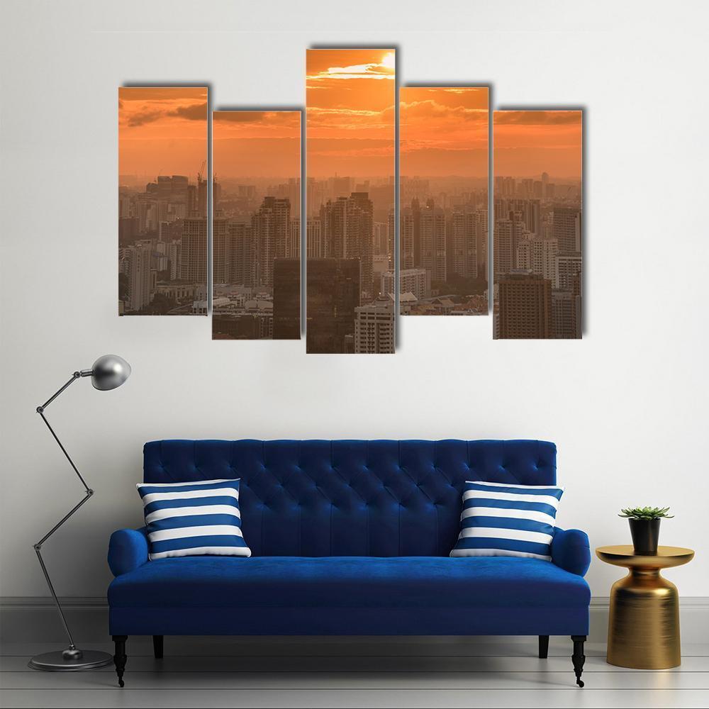 Panorama Of Singapore Skyline Downtown Canvas Wall Art-5 Pop-Gallery Wrap-47" x 32"-Tiaracle