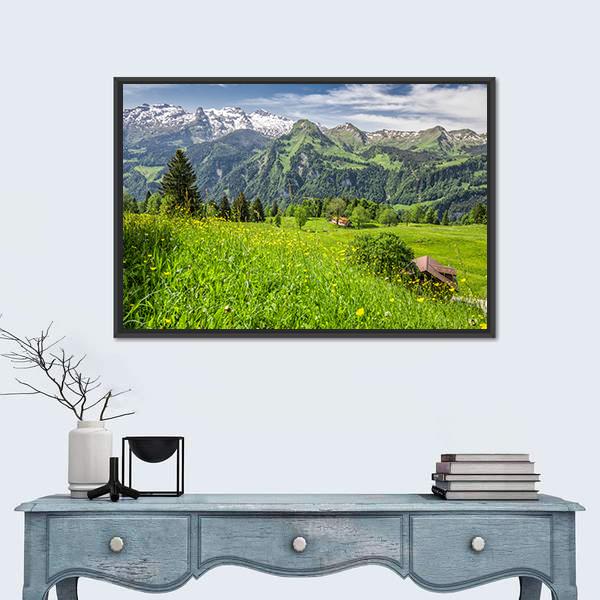 Swiss Alps Panorama Canvas Wall Art in white, green and blue, framed canvas, product view on a white background