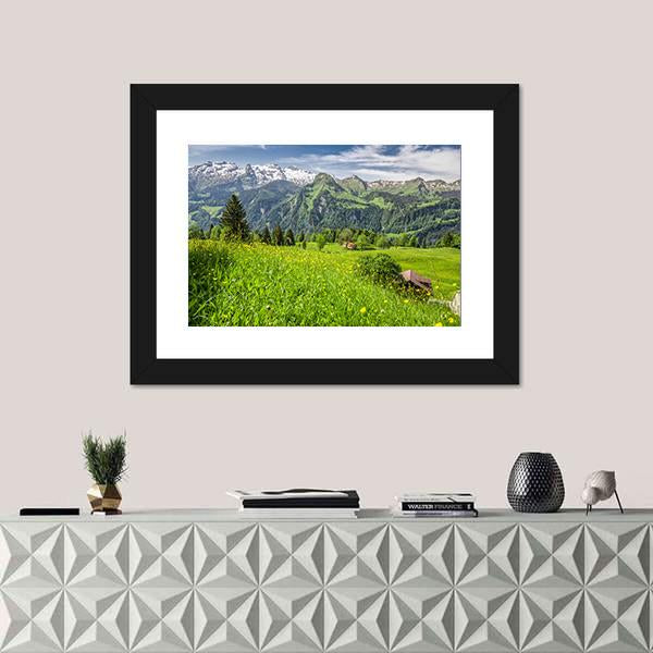 Panorama Of Swiss Alps Canvas Wall Art-1 Piece-Framed Print-20" x 16"-Tiaracle