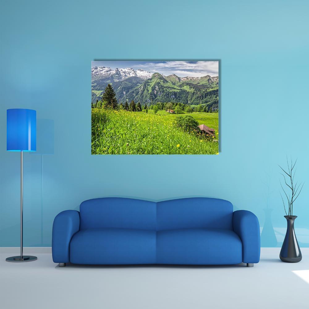 Panorama Of Swiss Alps Canvas Wall Art-1 Piece-Gallery Wrap-48" x 32"-Tiaracle
