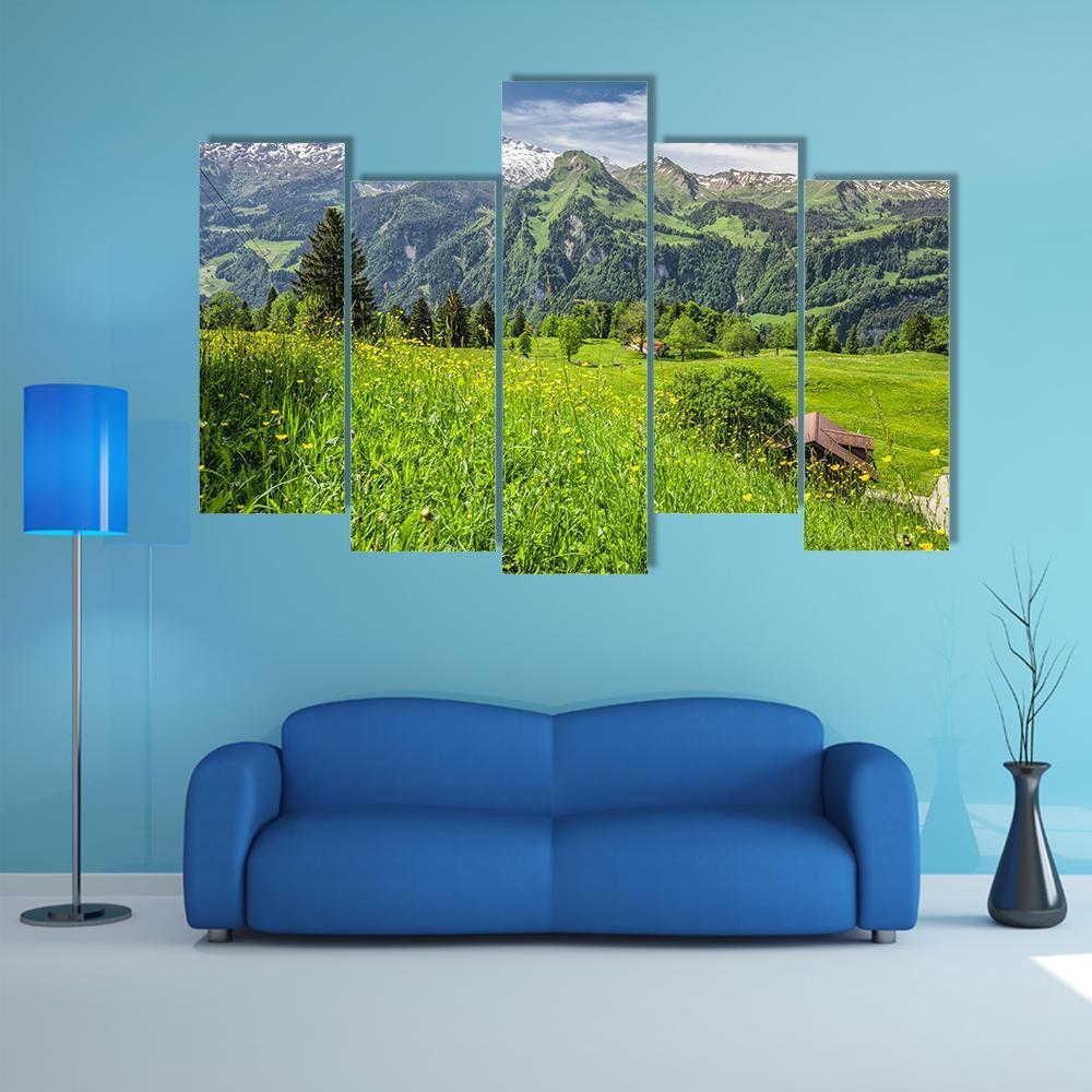 Panorama Of Swiss Alps Canvas Wall Art-5 Pop-Gallery Wrap-47" x 32"-Tiaracle