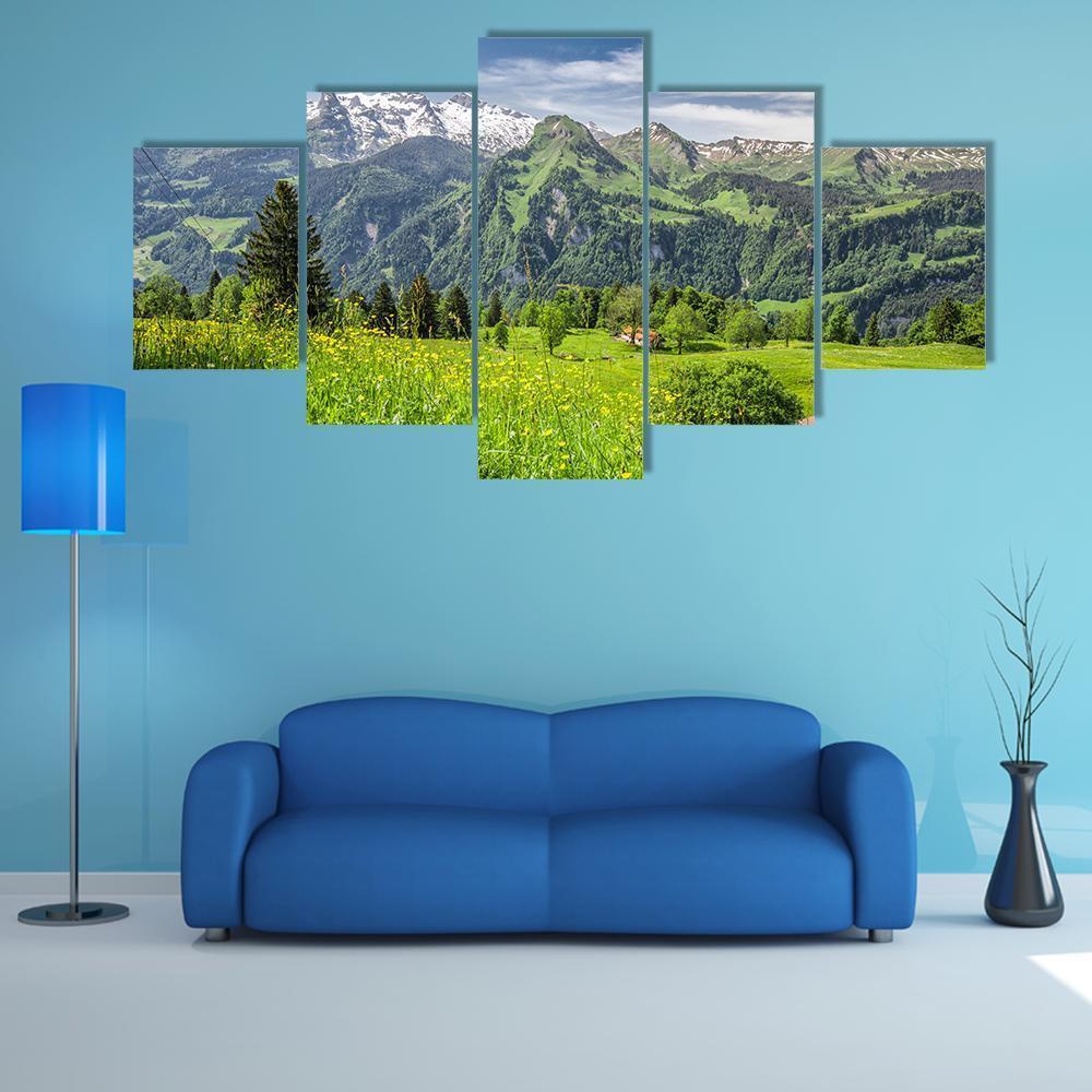 Panorama Of Swiss Alps Canvas Wall Art-5 Star-Gallery Wrap-62" x 32"-Tiaracle