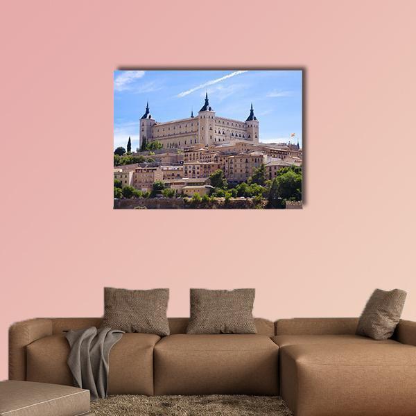 Alcazar in Toledo Canvas Wall Art in beige, brown and blue, single panel hung on a wall
