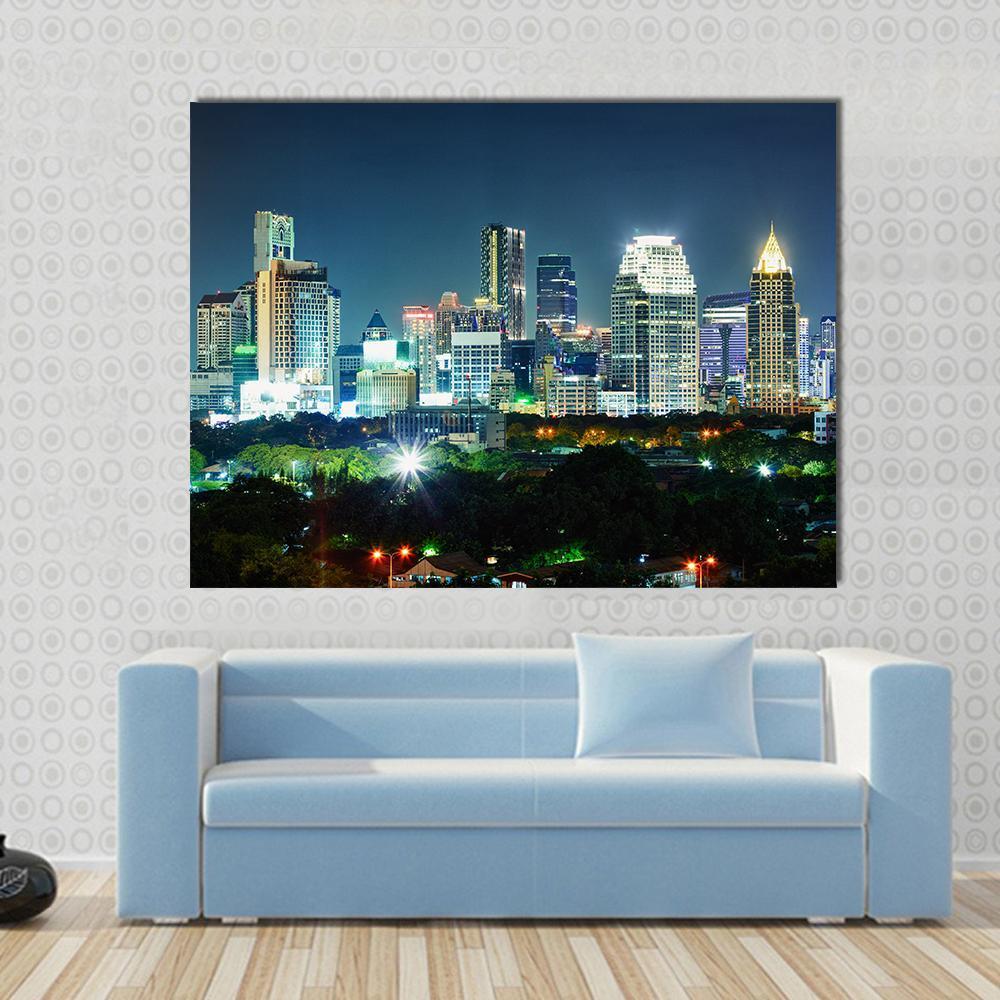 Bangkok City at Night Canvas Wall Art in black, yellow and blue, single panel hung on a wall
