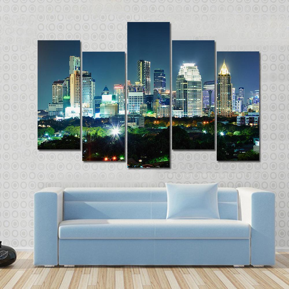 Bangkok City At Night Canvas Wall Art-5 Pop-Gallery Wrap-47" x 32"-Tiaracle