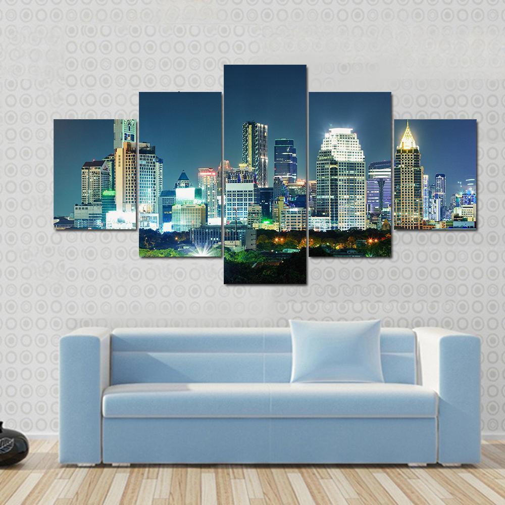 Bangkok City At Night Canvas Wall Art-5 Star-Gallery Wrap-62" x 32"-Tiaracle