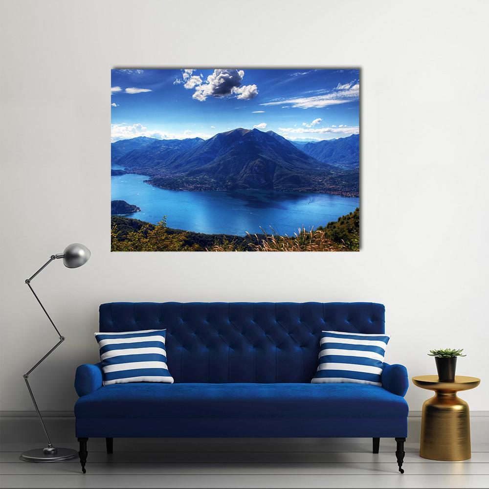 Como and Lugano Lakes High-angle View Canvas Wall Art in green and blue, single panel hung on a wall