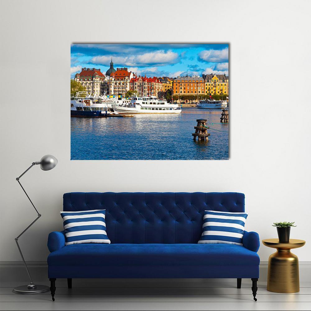 Old Town Harbor with Boats and Domed Building Canvas Wall Art in white, orange and blue, single panel hung on a wall
