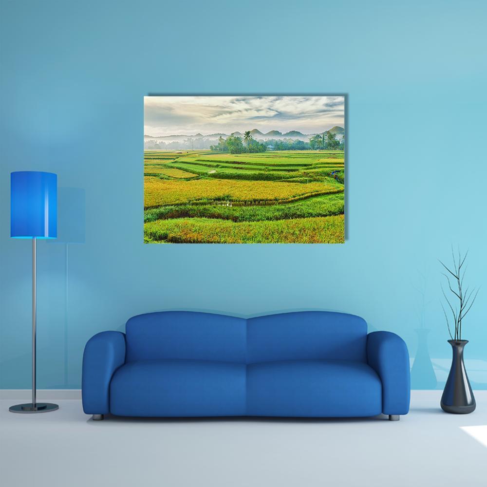 Paddy Rice Terraces in Morning Mist Canvas Wall Art in yellow and green, single panel hung on a wall