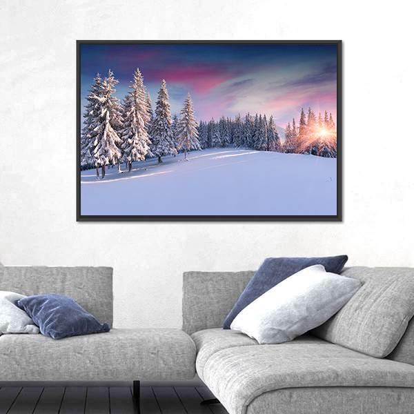 Winter Sunrise Over Snowy Forest Canvas Wall Art in white, purple and pink, framed canvas, product view on a white background