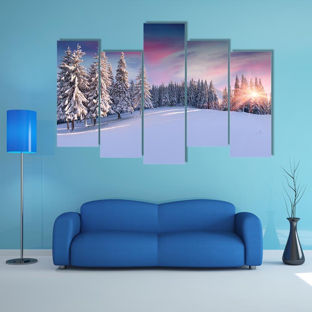 Panorama Of Winter Sunrise Canvas Wall Art-5 Pop-Gallery Wrap-47" x 32"-Tiaracle