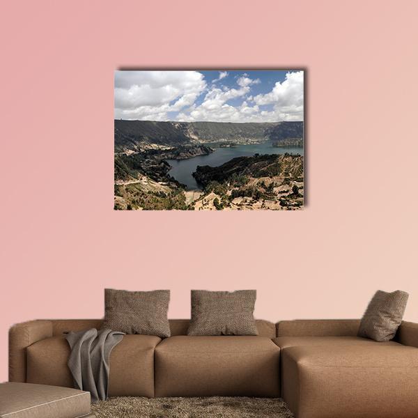 Wenchi Crater Lake Canvas Wall Art in white, brown and blue, single panel hung on a wall