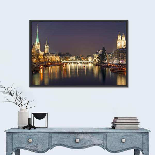 Panorama Of Zurich At Night Canvas Wall Art-3 Horizontal-Gallery Wrap-25" x 16"-Tiaracle