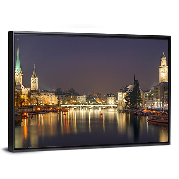 Panorama Of Zurich At Night Canvas Wall Art-3 Horizontal-Gallery Wrap-25" x 16"-Tiaracle